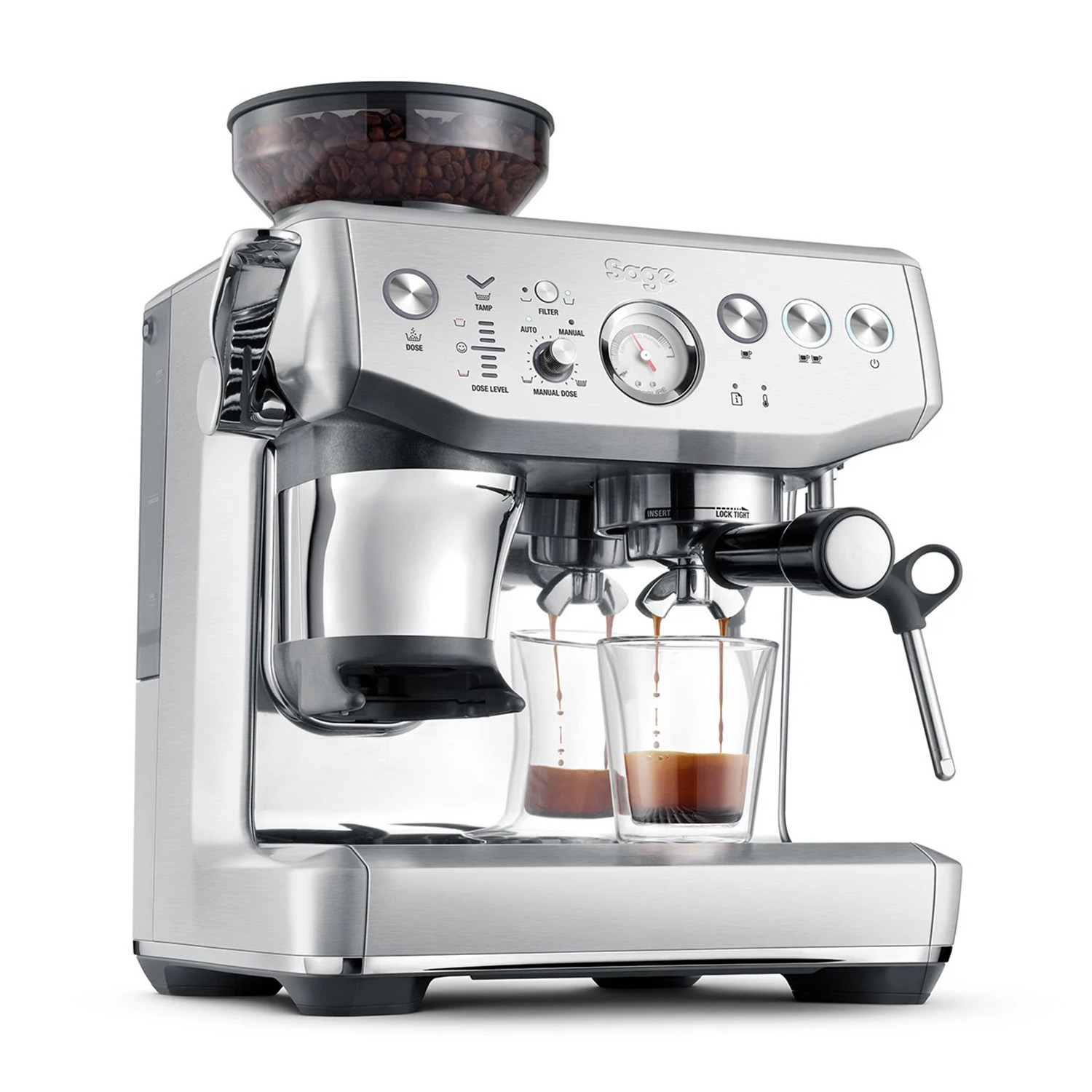Una macchina per espresso argentata con due bicchieri che versano caffè.