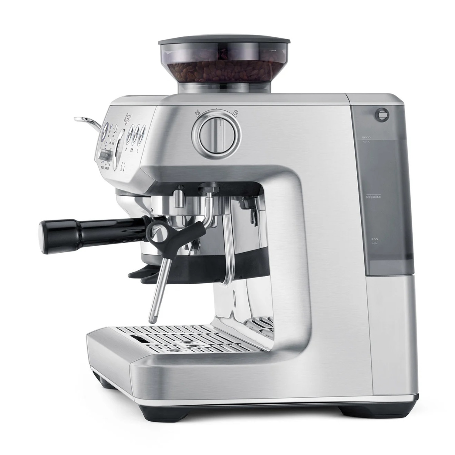 Macchina per espresso argentata con macinacaffè e portafiltro, su sfondo bianco.