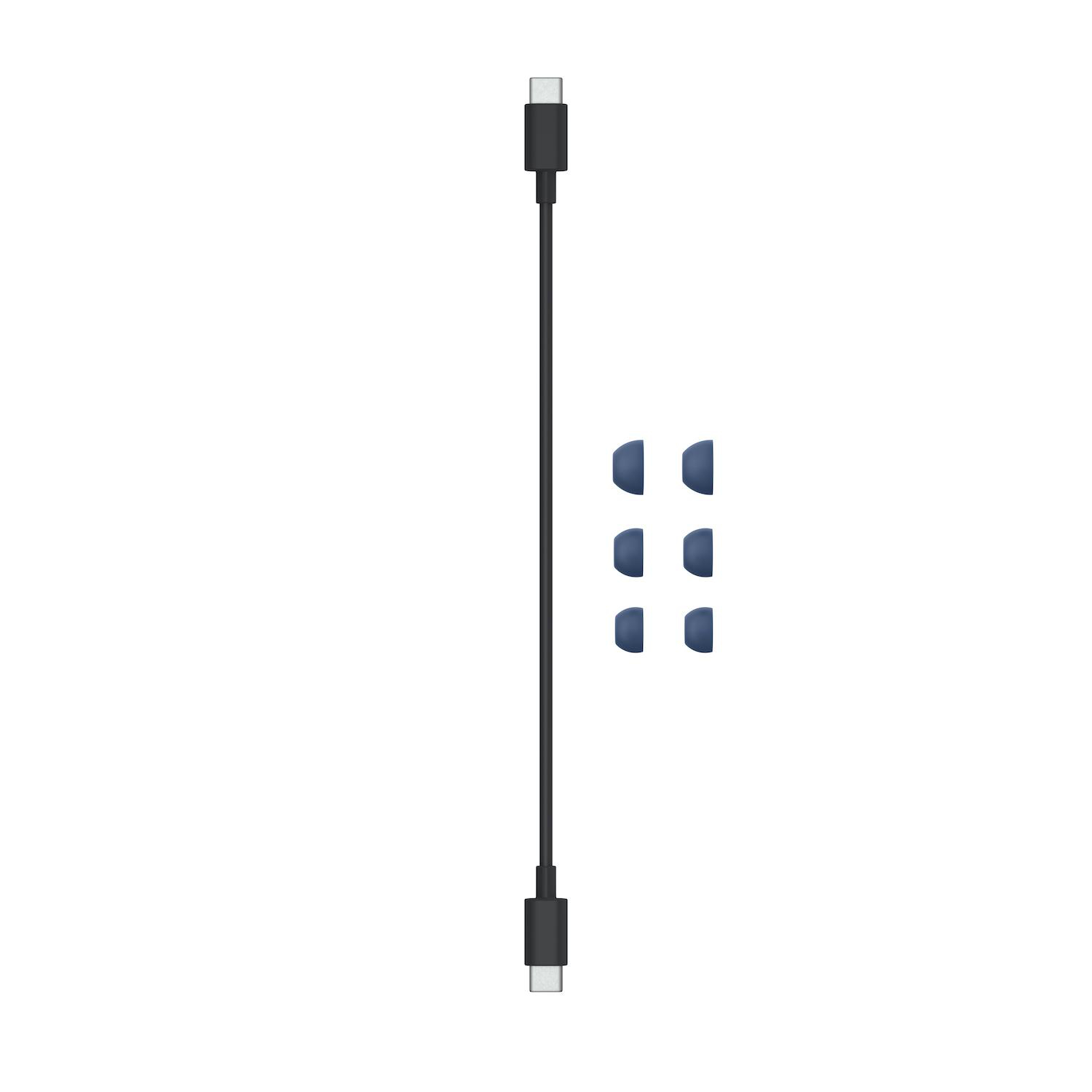 Ein schwarzes USB-C-Kabel mit zwei Steckern, zusammen mit sechs blauen Ohrstöpseln. Alle Artikel sind auf weißem Hintergrund.