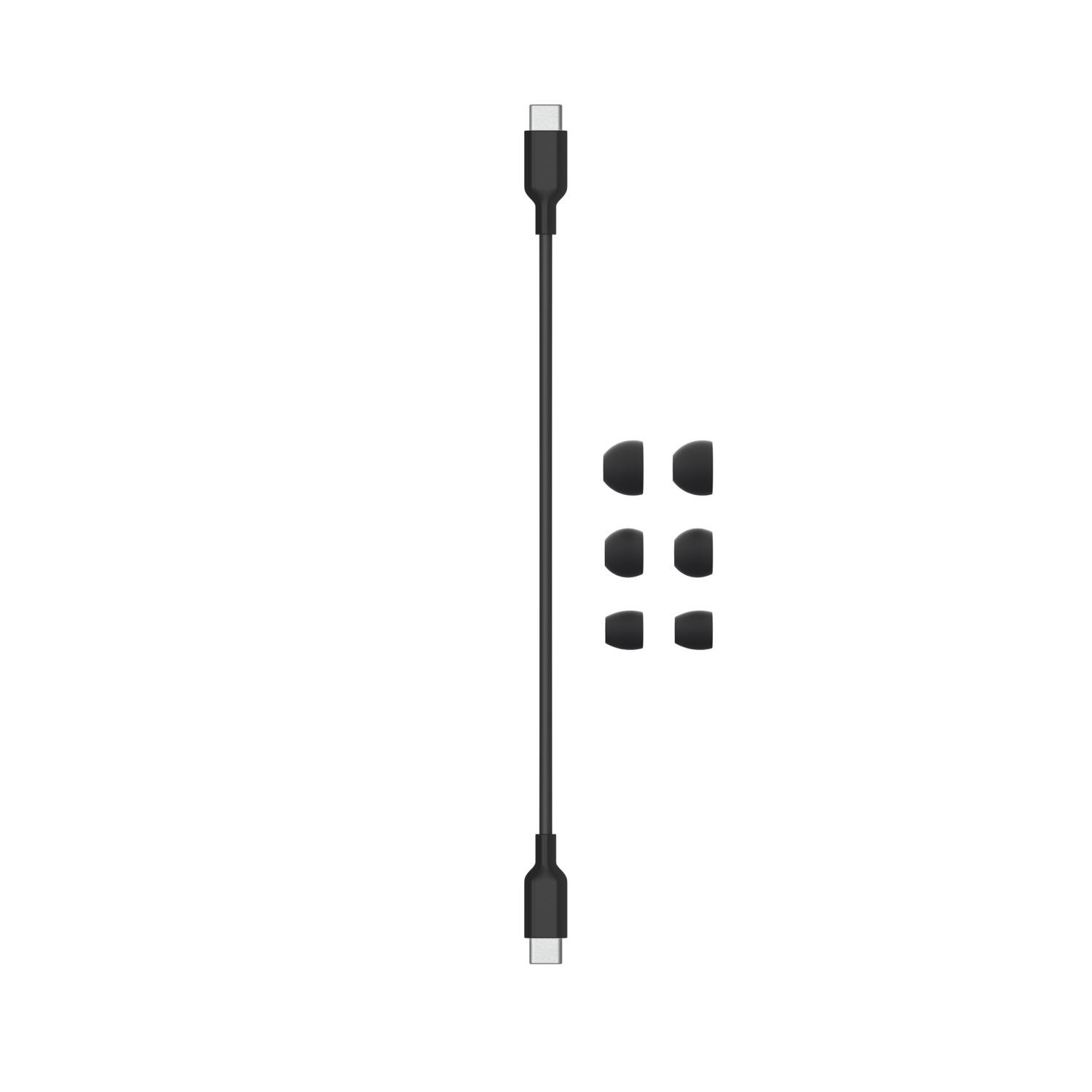 Ein schwarzes USB-C-Ladekabel mit drei Paaren schwarzer Ohrhörer-Aufsätze.