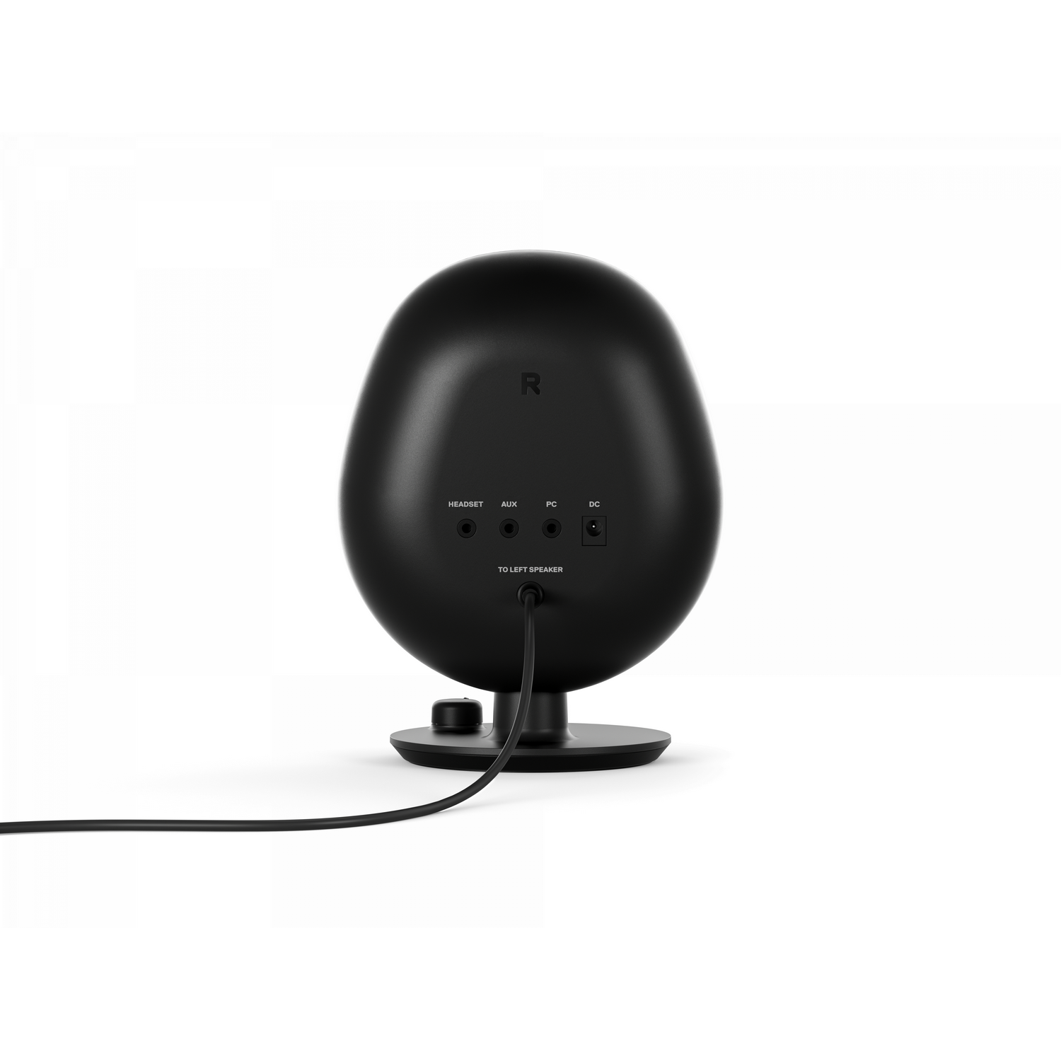 The back of a black speaker showing the input ports and controls, a small stand, and the letter R.
