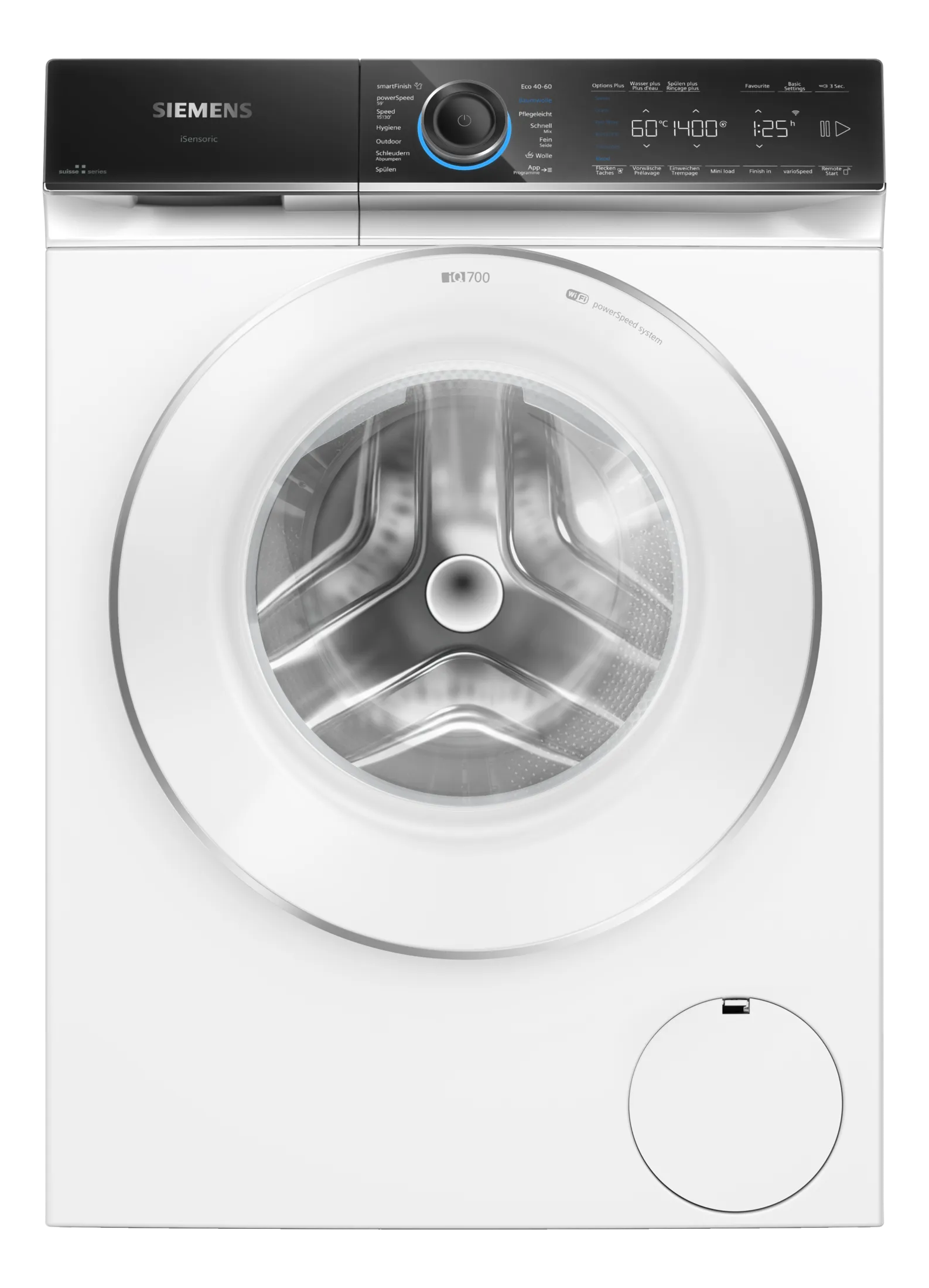 Weiße Siemens Waschmaschine mit schwarzer Oberseite und weißem Hintergrund.