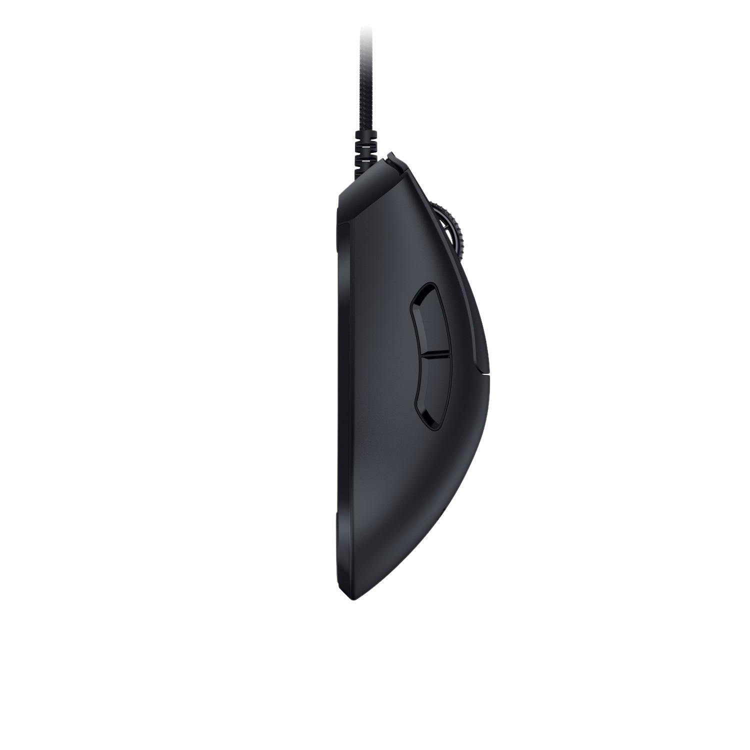 Black gaming mouse, side view, on a black background. The mouse has buttons.