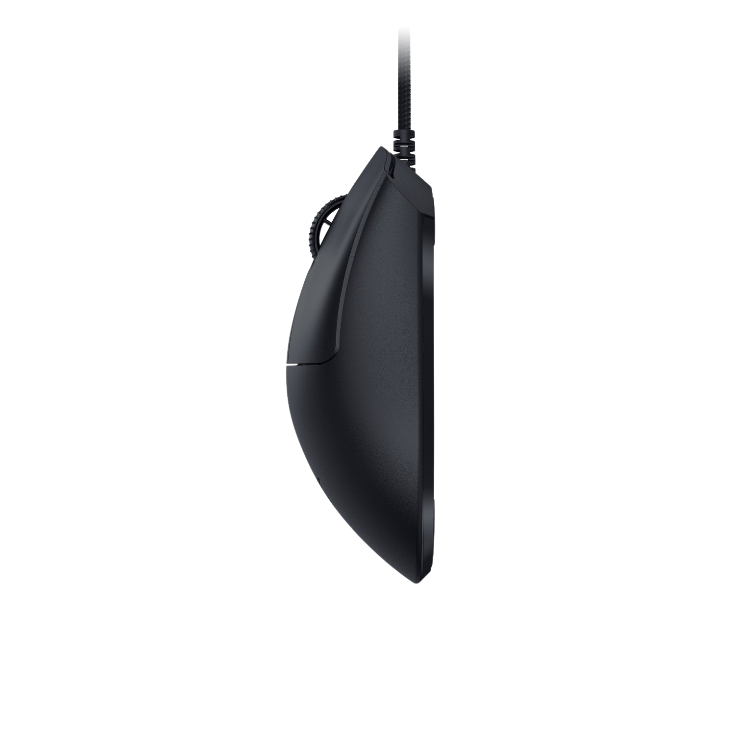 A black computer mouse with a sleek design. It is a side view against a black background.