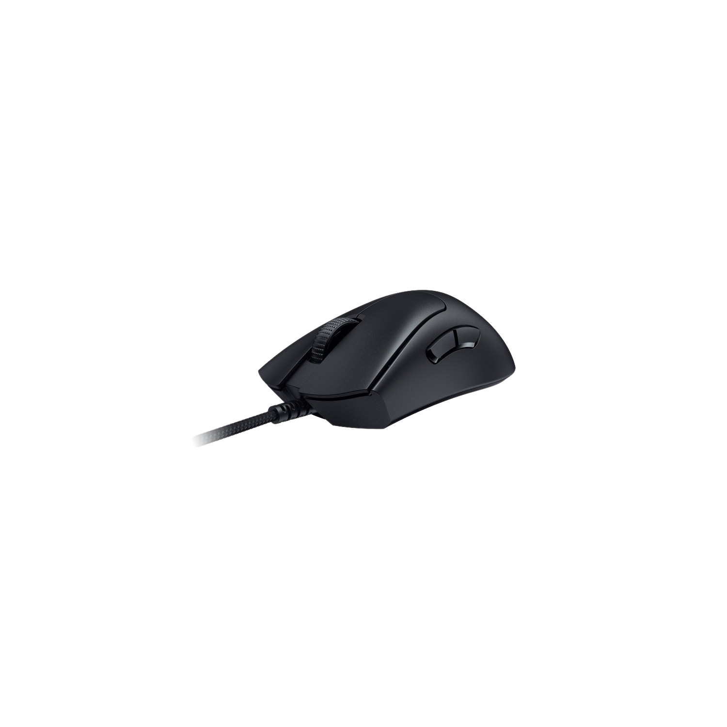 Black gaming mouse on a black background. The mouse is viewed from a top-down angle.