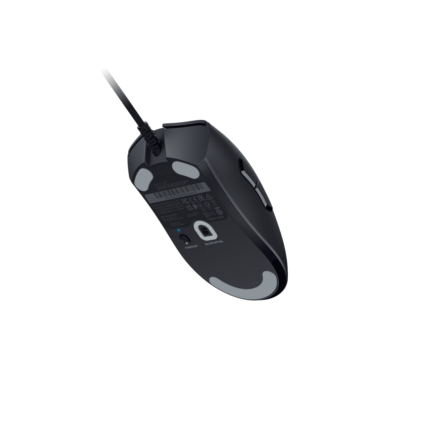 Computer mouse, black, bottom view, with a cable. The base is black and gray.