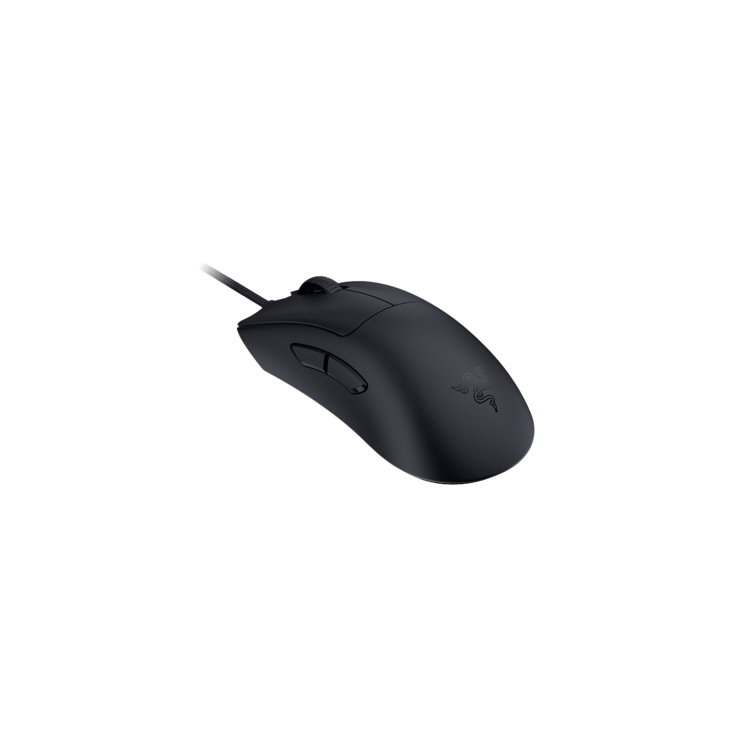 Black Razer mouse with two side buttons on a black background, angled from above.