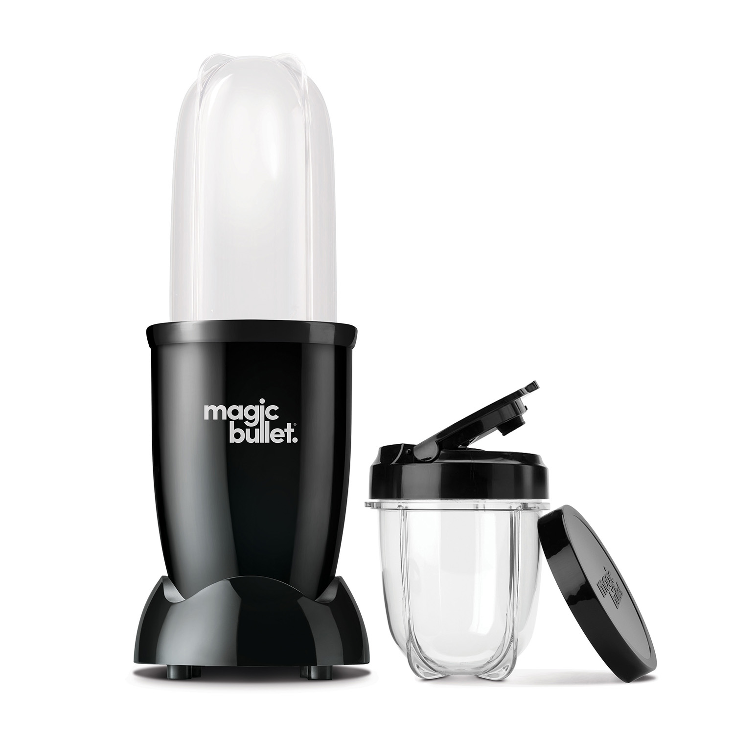 Un frullatore Magic Bullet nero con due contenitori, uno senza coperchio.