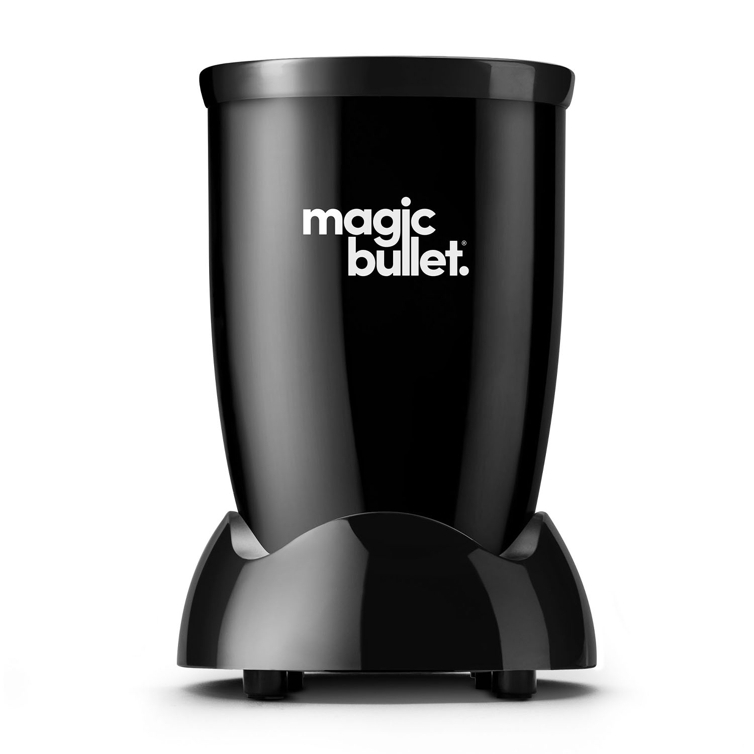 Base del frullatore Magic Bullet nero con il marchio sul davanti, su sfondo bianco.