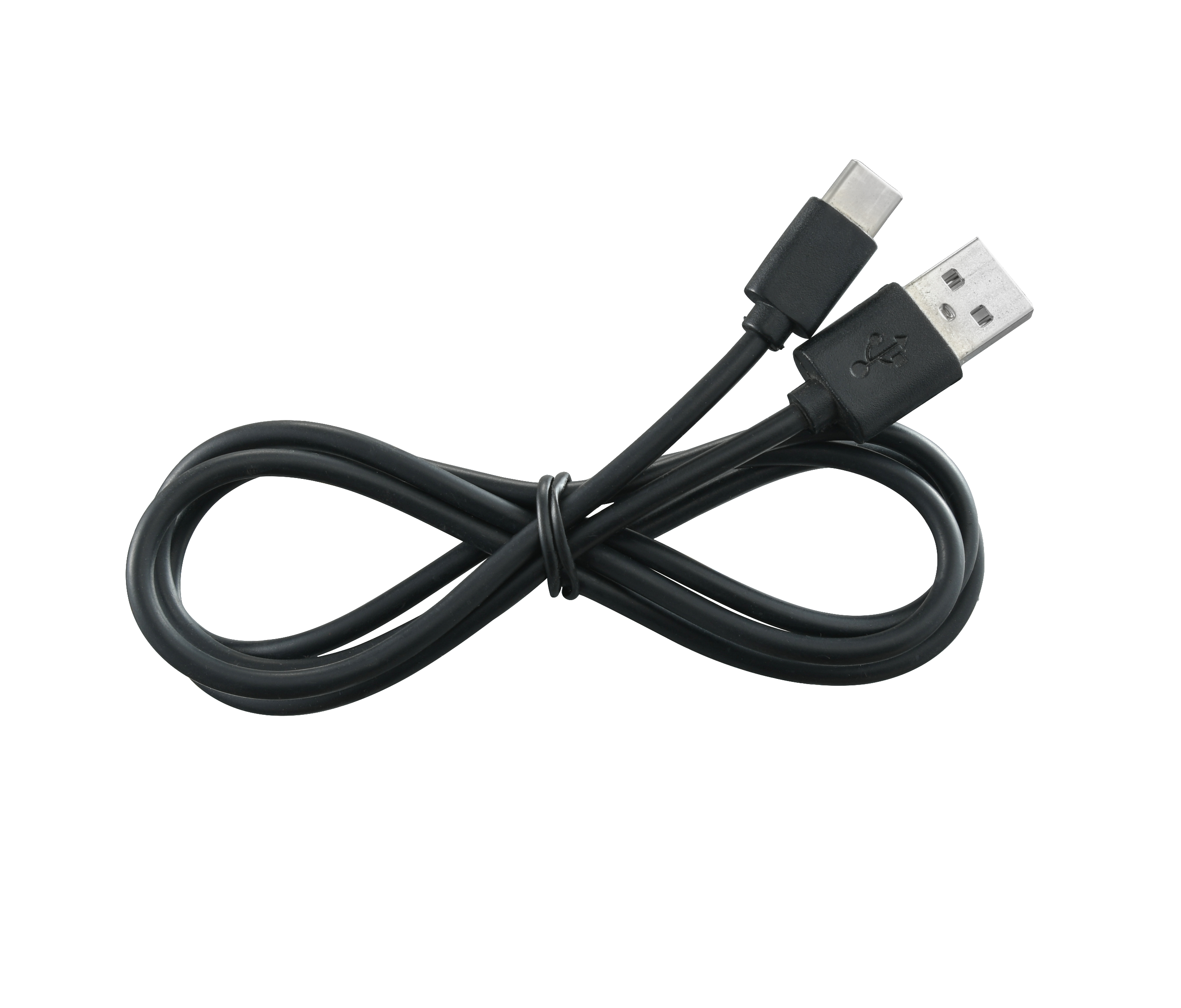 Ein schwarzes USB-Kabel mit zwei Anschlüssen, ordentlich auf weißem Hintergrund aufgerollt.