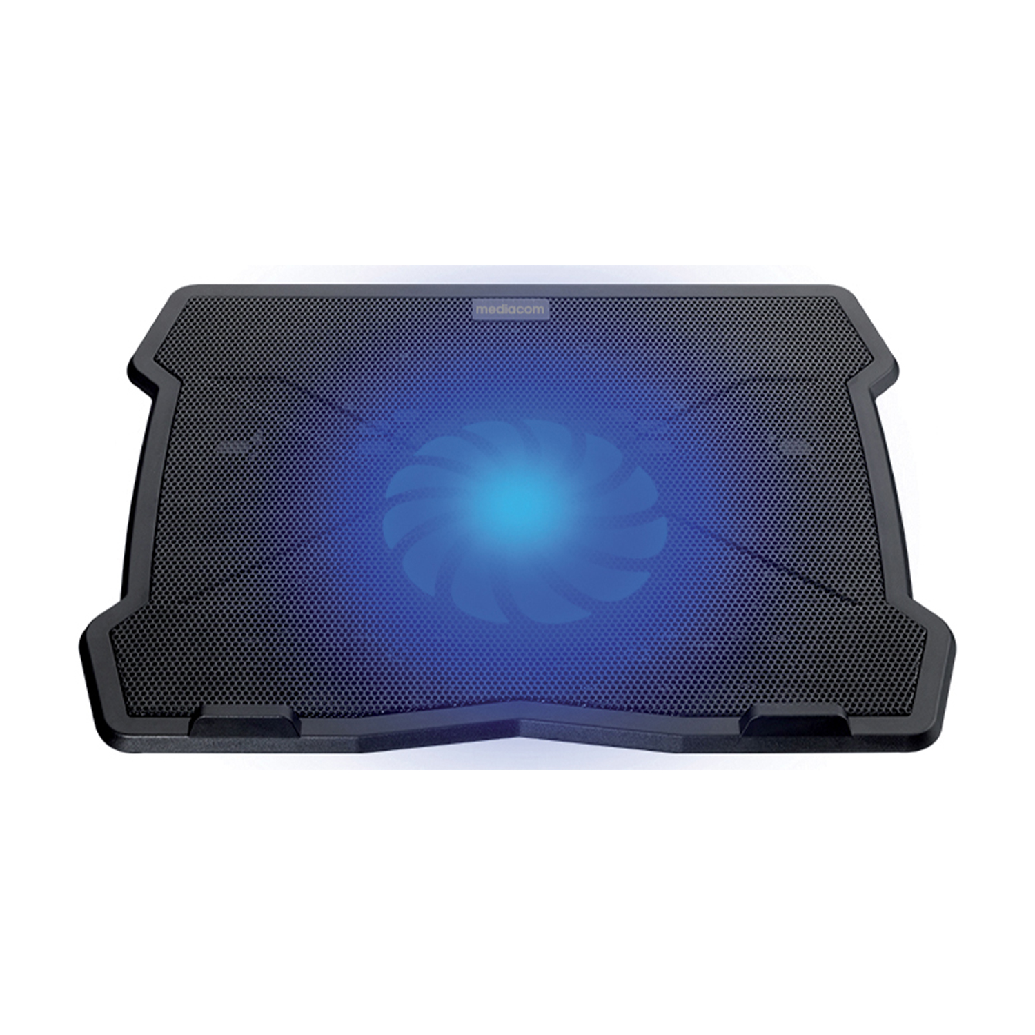 Ventola per laptop nera con luce blu e superficie a rete.