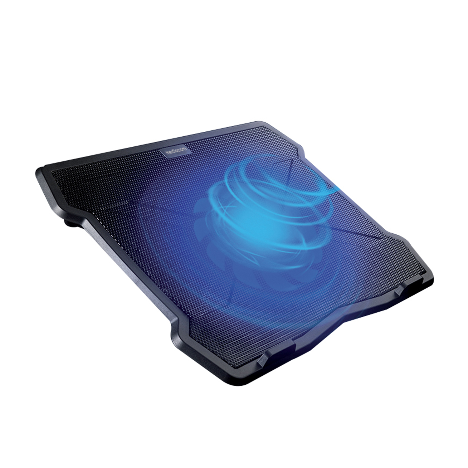 Tappetino di raffreddamento per laptop nero con ventola illuminata di blu e superficie a griglia nera.