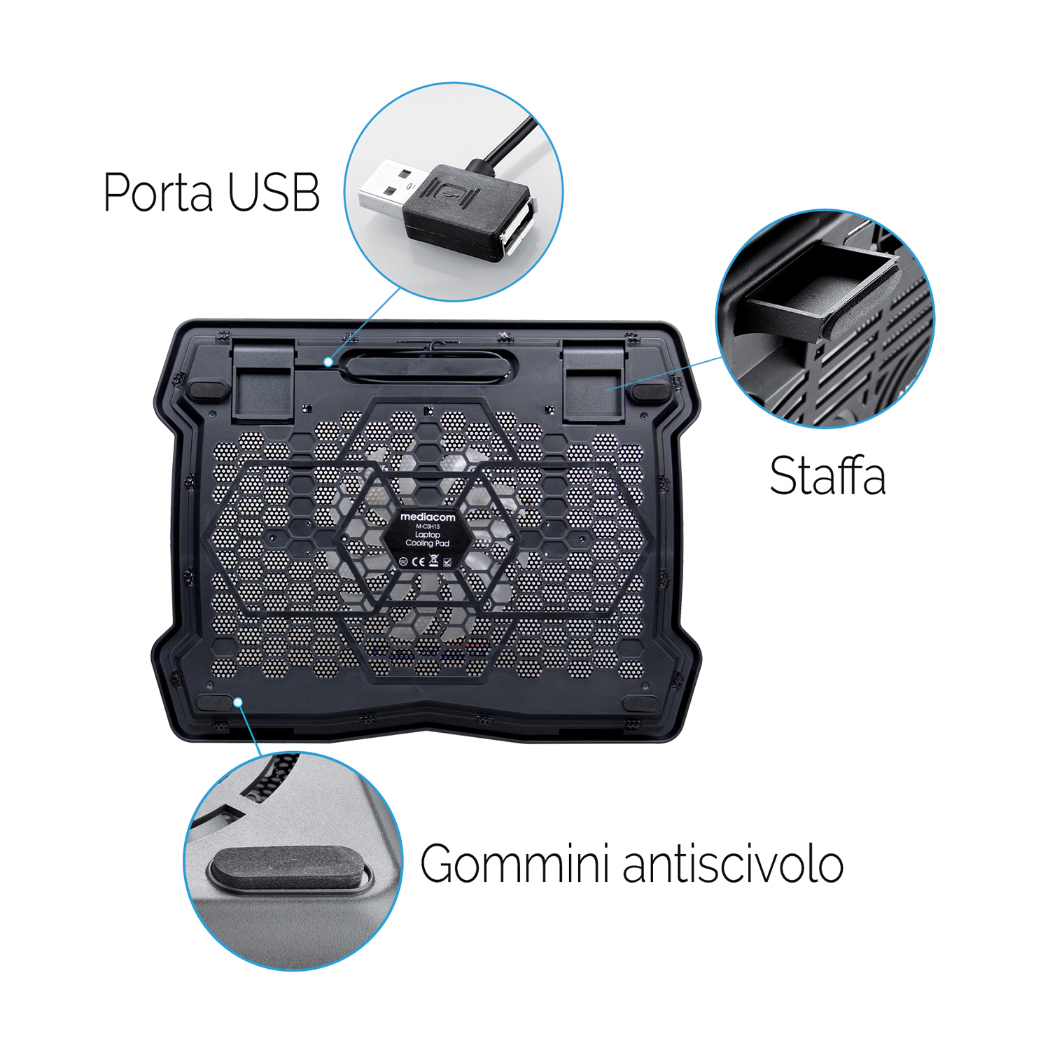 Un pad di raffreddamento nero con etichette per porta USB, supporto e cuscinetti antiscivolo. Sfondo bianco.