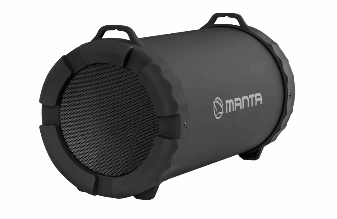 Czarny głośnik cylindryczny z logo 'MANTA', na białym tle.