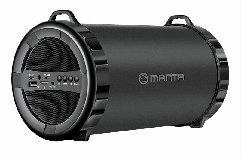 Czarny głośnik cylindryczny z elementami sterującymi i portami. Widoczne logo Manta.