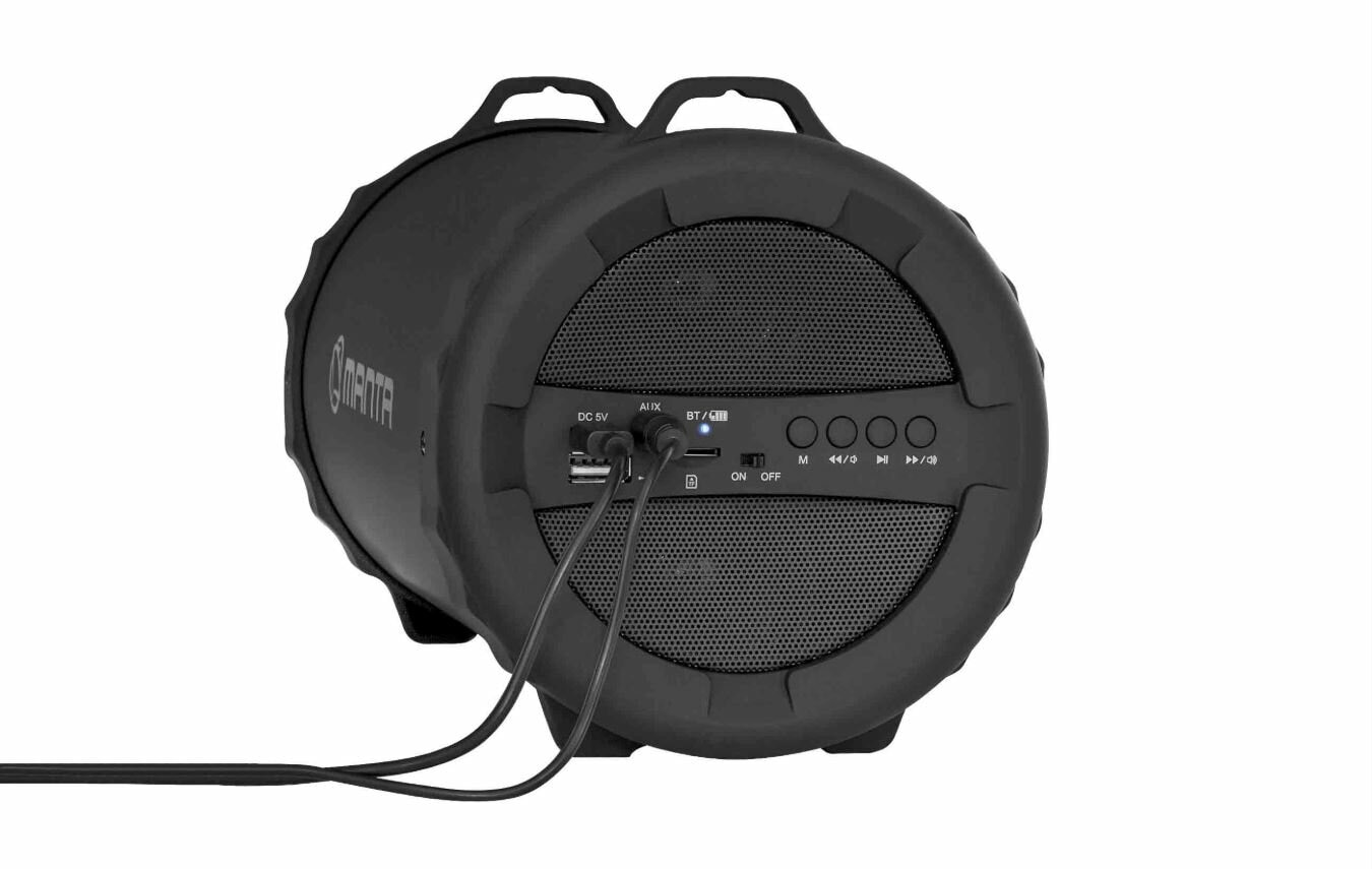 Czarny głośnik walcowy z portami i przyciskami z tyłu. Wpięte kable.