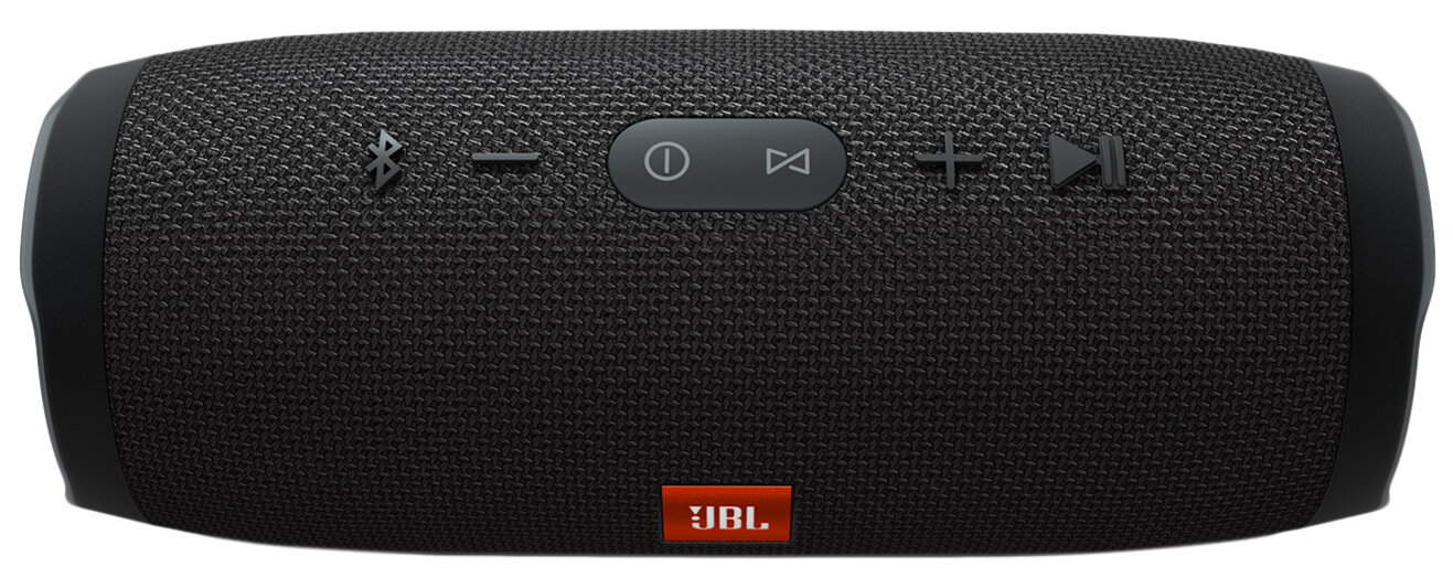 Czarny głośnik Bluetooth JBL, prostokątny kształt, z elementami sterującymi i logo JBL.