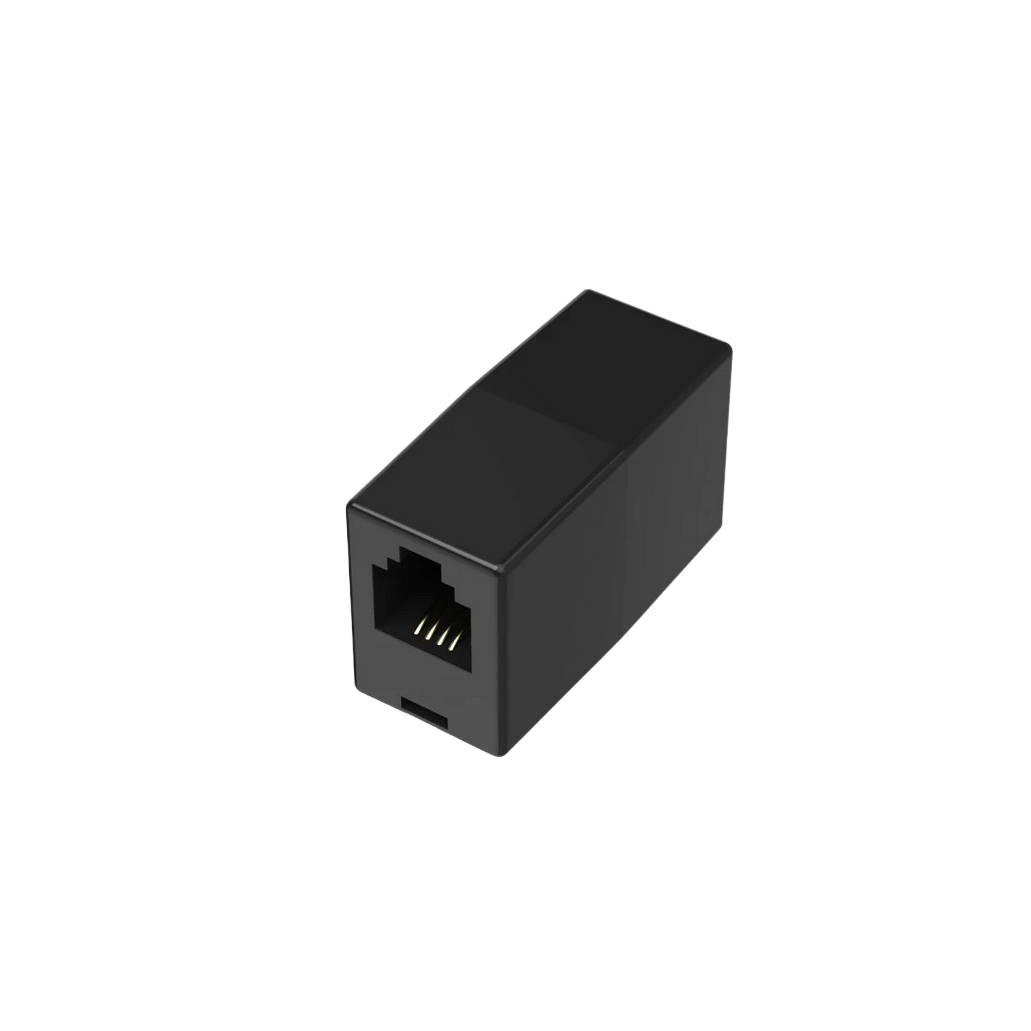 Coupleur Ethernet RJ45 noir sur fond noir, incliné pour la visibilité.
