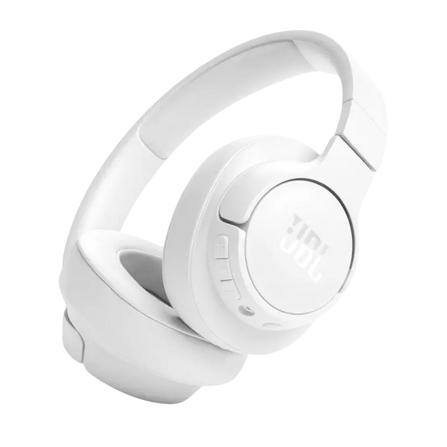 Casque JBL blanc sur fond noir. Le casque est incliné vers la droite.