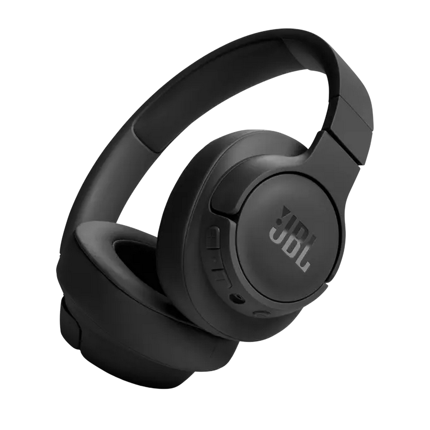 Zwarte JBL over-ear koptelefoon. Het JBL-logo is zichtbaar op de oorschelp. De achtergrond is zwart.