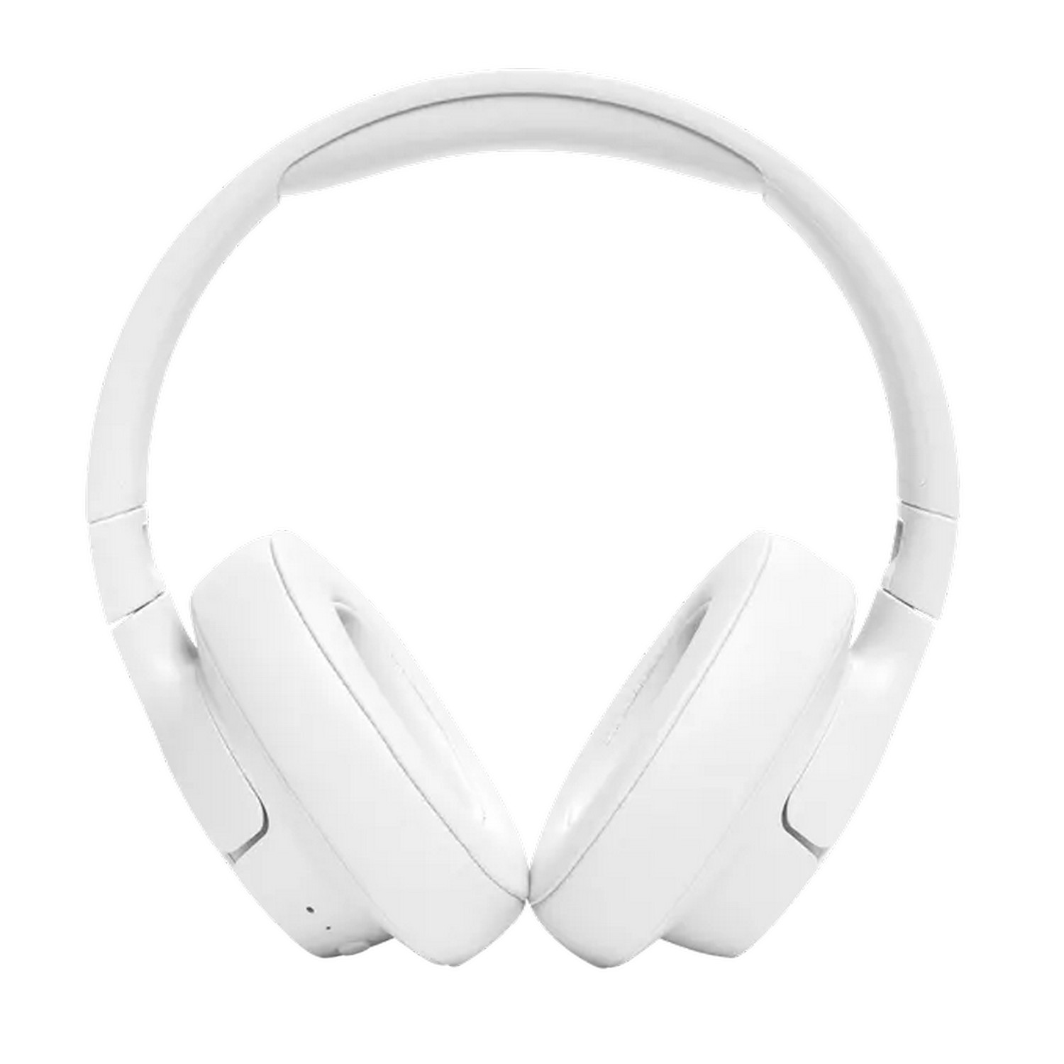 Casque blanc, vue de face, avec les écouteurs orientés vers l'extérieur.