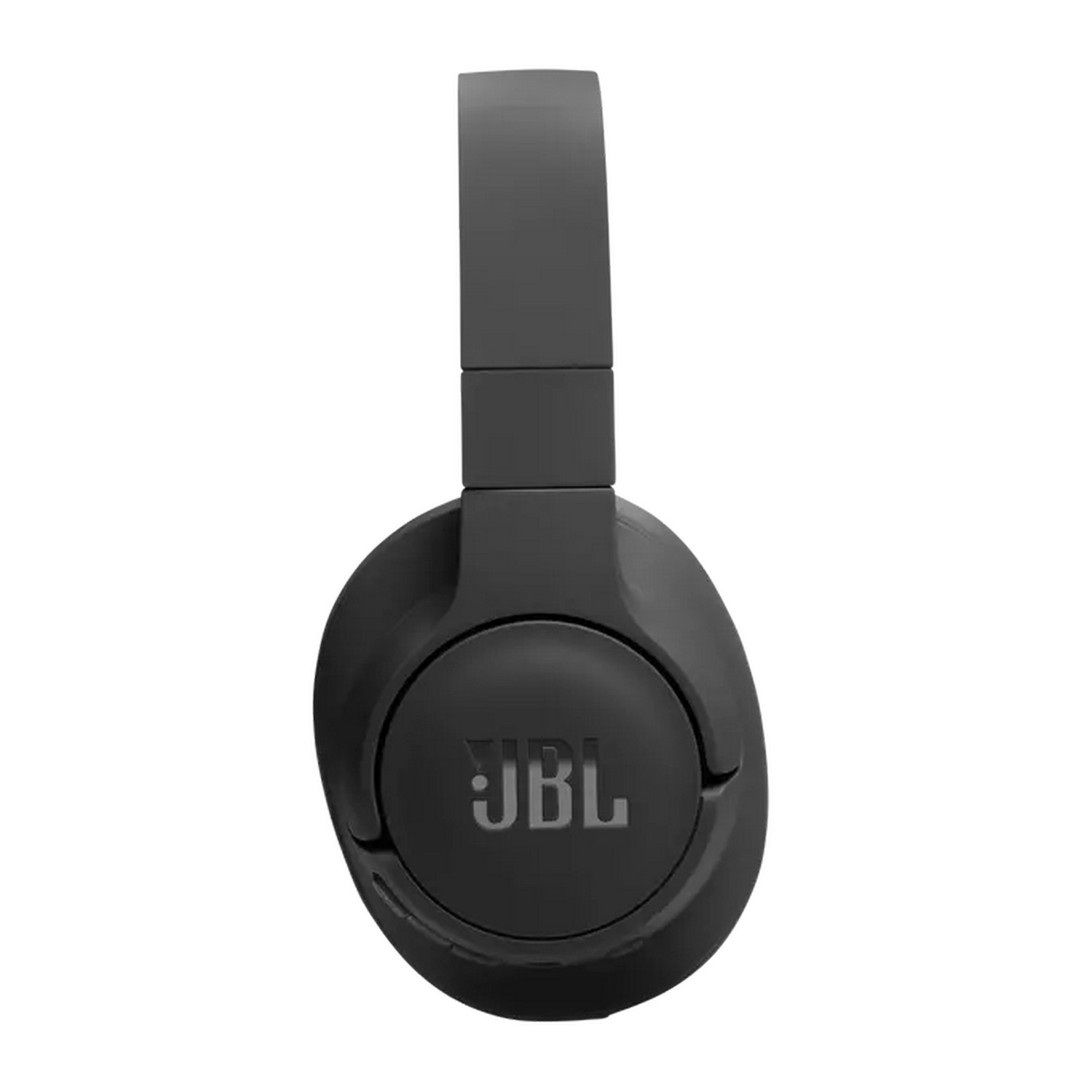 Zwarte JBL koptelefoon met het JBL logo, een zijaanzicht.