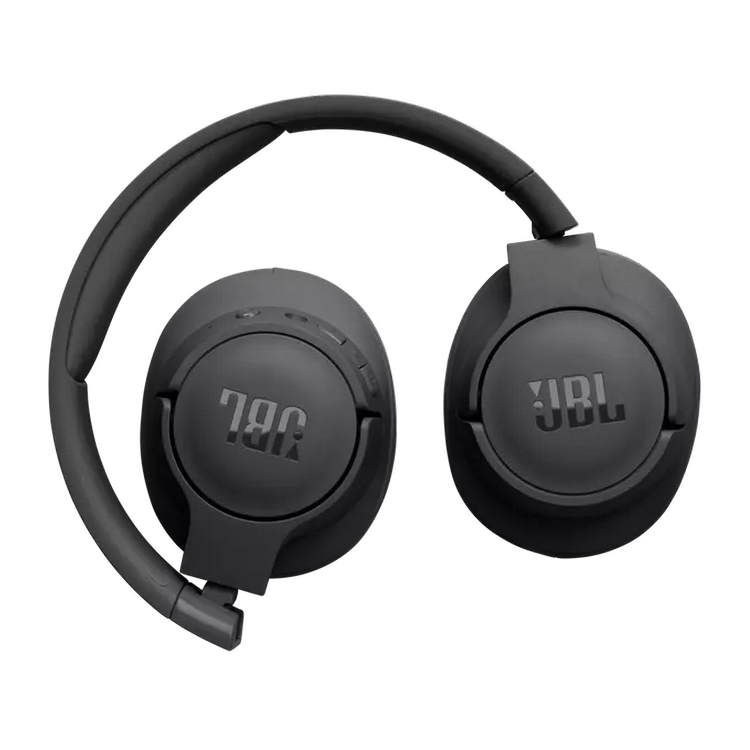 Zwarte JBL-hoofdtelefoon, opgevouwen. Elke oorschelp heeft het JBL-logo.