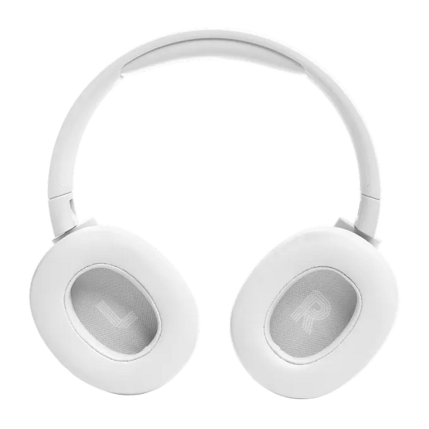 Casque JBL blanc, vu de face. Les oreillettes ont des étiquettes 'R' et 'L'.
