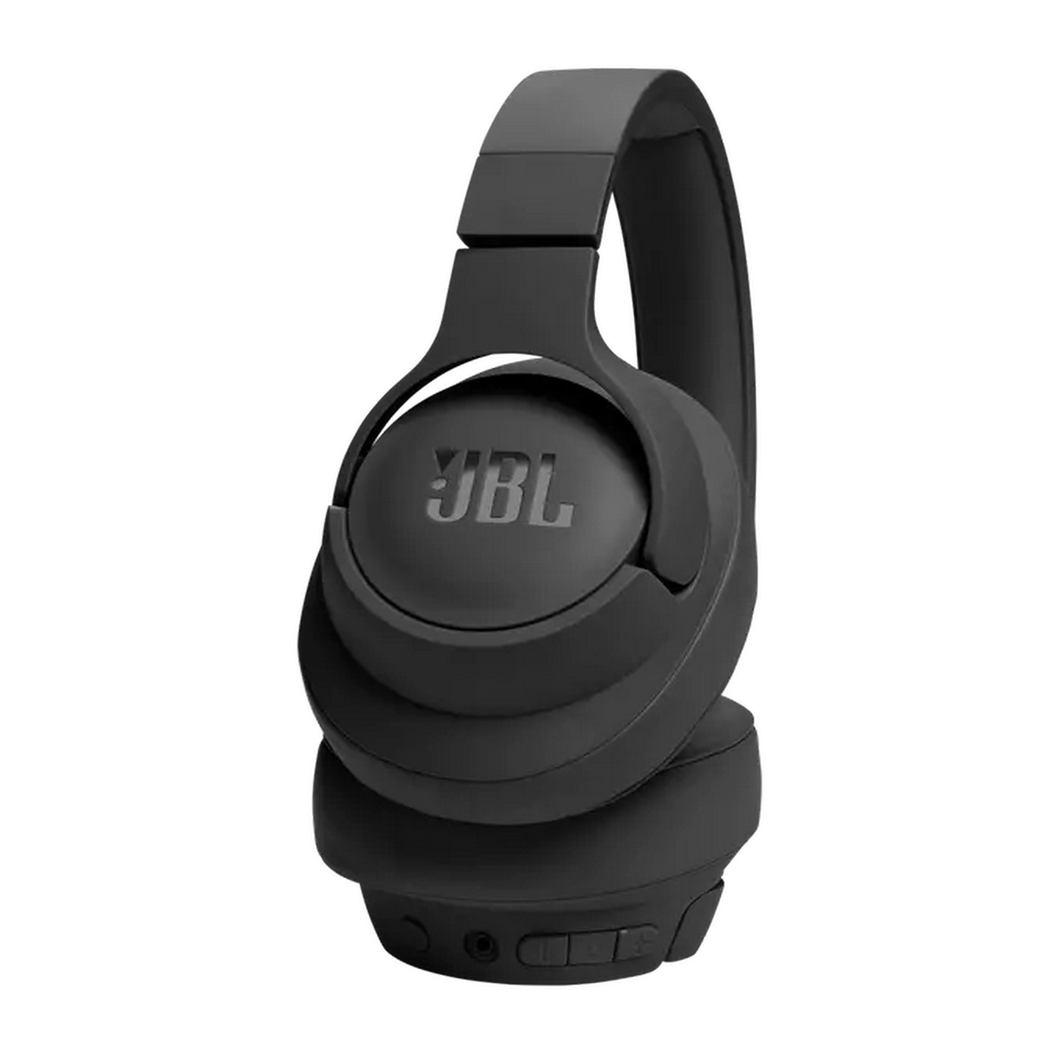 Een zwarte JBL over-ear koptelefoon op een witte ondergrond, schuin naar rechts.