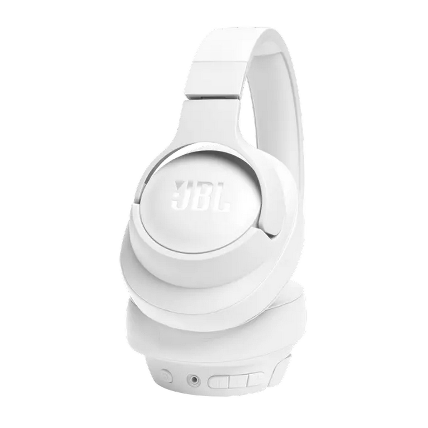 Casque JBL blanc, vue en angle montrant le bandeau et les oreillettes.
