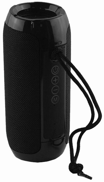 Czarny głośnik cylindryczny z przyciskami sterowania i sznurkiem do noszenia, widok z boku.