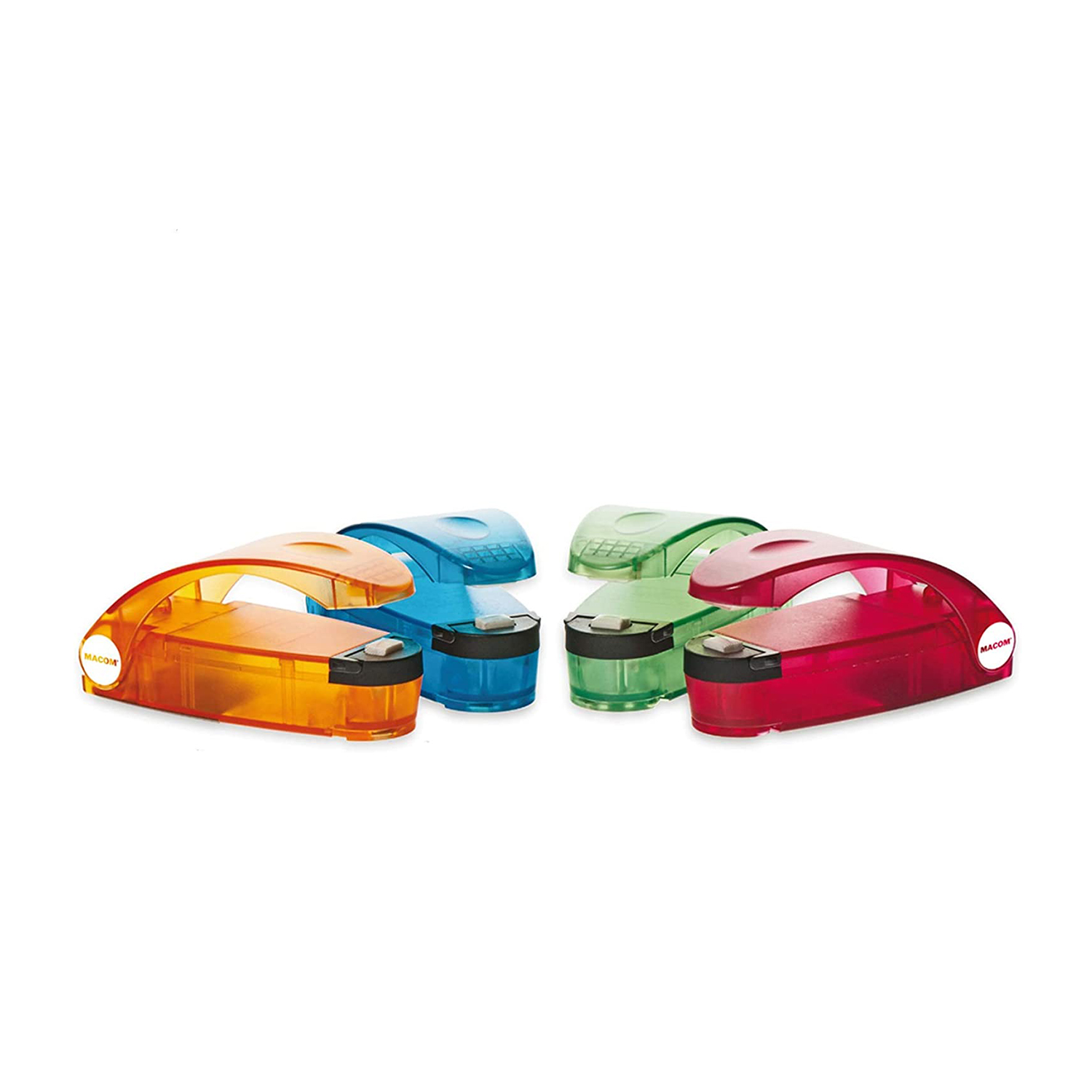 Un set di quattro sigillatrici per sacchetti colorate: arancione, blu, verde e rosso su sfondo bianco.