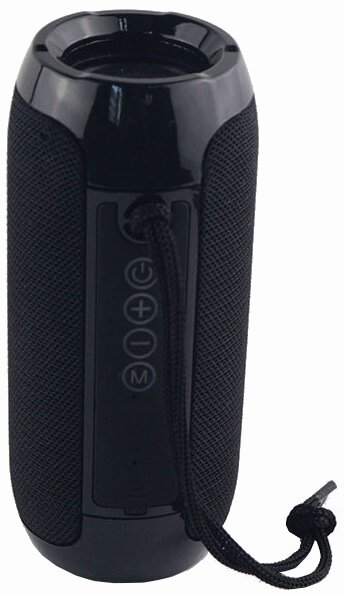 Czarny głośnik cylindryczny z przyciskami i czarnym paskiem.