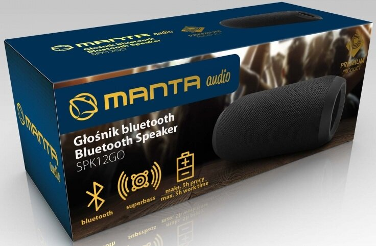 Czarno-niebieskie pudełko głośnika Bluetooth z marką 'MANTA audio' i szczegółami głośnika.
