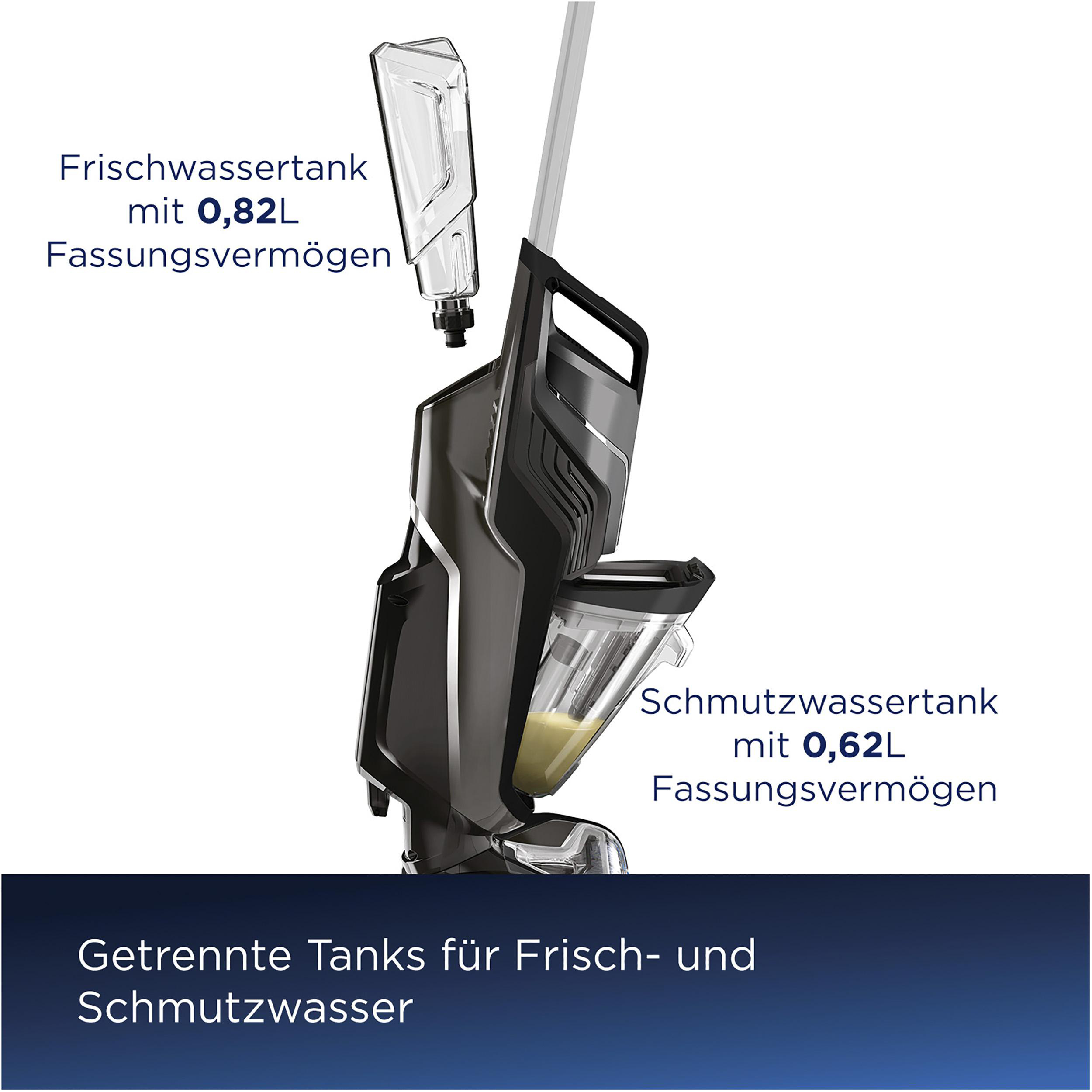 Ein schwarz-grauer Bodenreiniger mit zwei getrennten Tanks. Einer für sauberes, der andere für schmutziges Wasser.