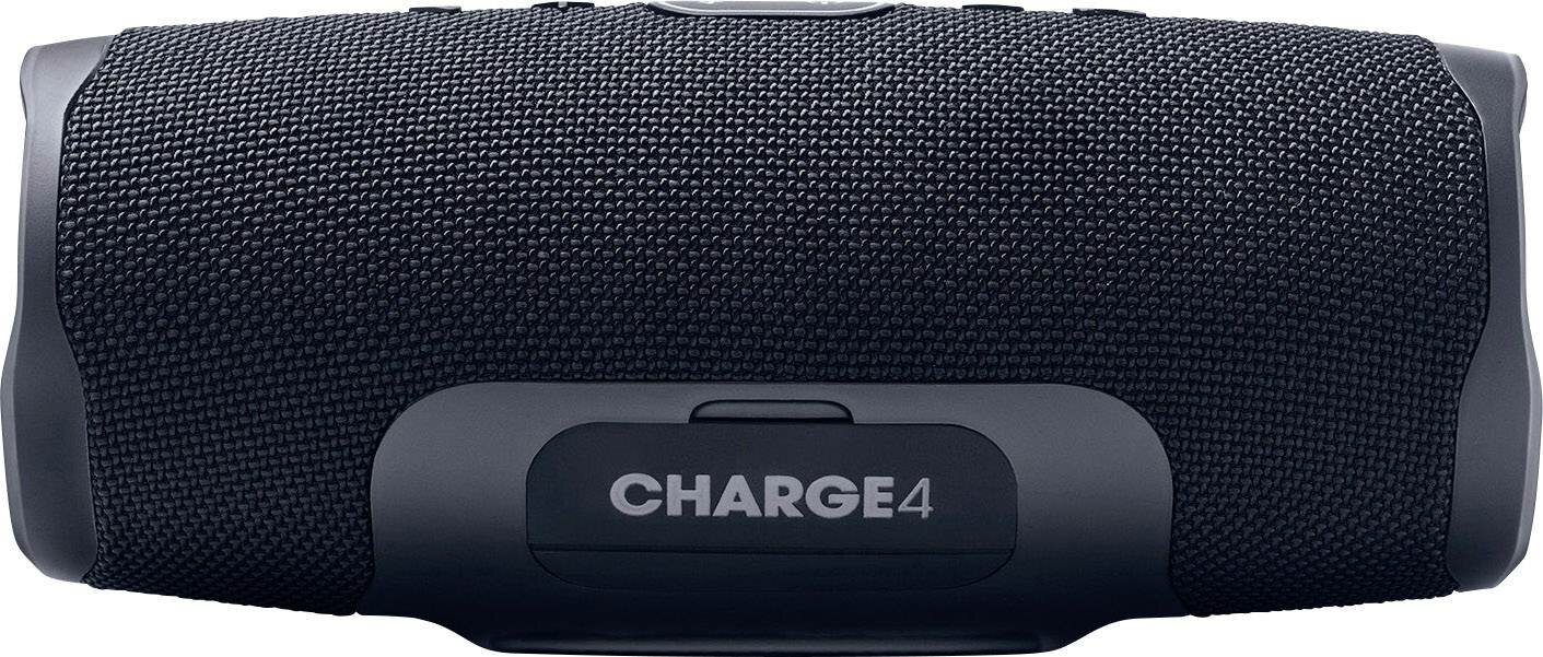 Czarny głośnik JBL Charge 4. Głośnik jest cylindryczny z logo CHARGE 4.