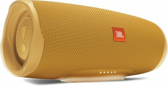 Żółty głośnik JBL Charge z czerwonym logo, białe kontrolki ładowania.