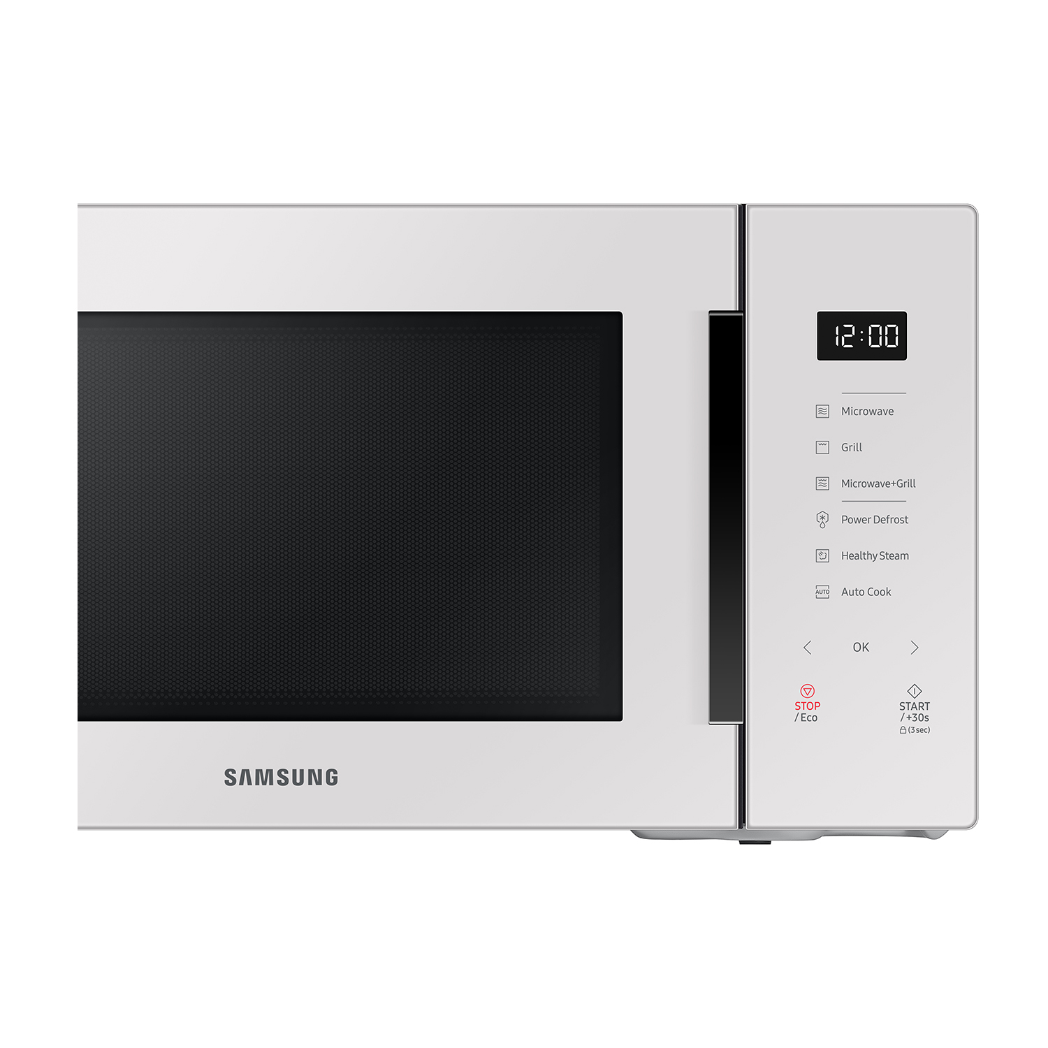 Un forno a microonde bianco. Ha una porta nera e un pannello di controllo sul lato destro.