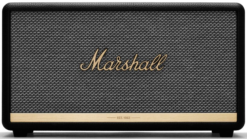 Czarny głośnik Marshall z tkanym przodem, złotymi akcentami i nazwą marki w złotym kolorze.