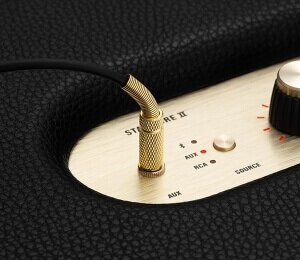 Zbliżenie panelu wejściowego głośnika ze złotym gniazdem.