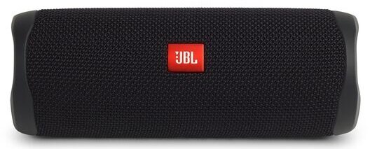 Czarny głośnik JBL. Prostokątny kształt, materiał przypominający siatkę. Czerwone logo JBL pośrodku. Ciemnoszare nakładki.