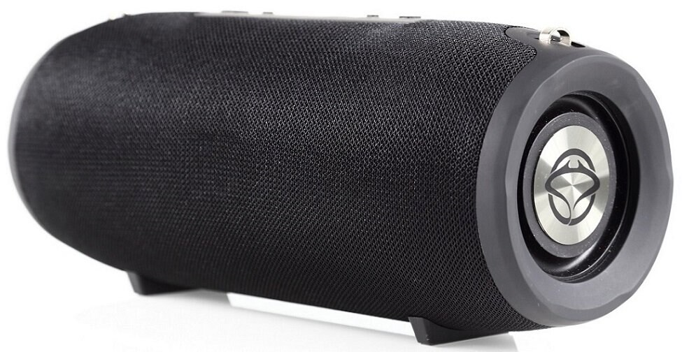 Czarny, cylindryczny głośnik z czarną siatką i srebrnymi akcentami.