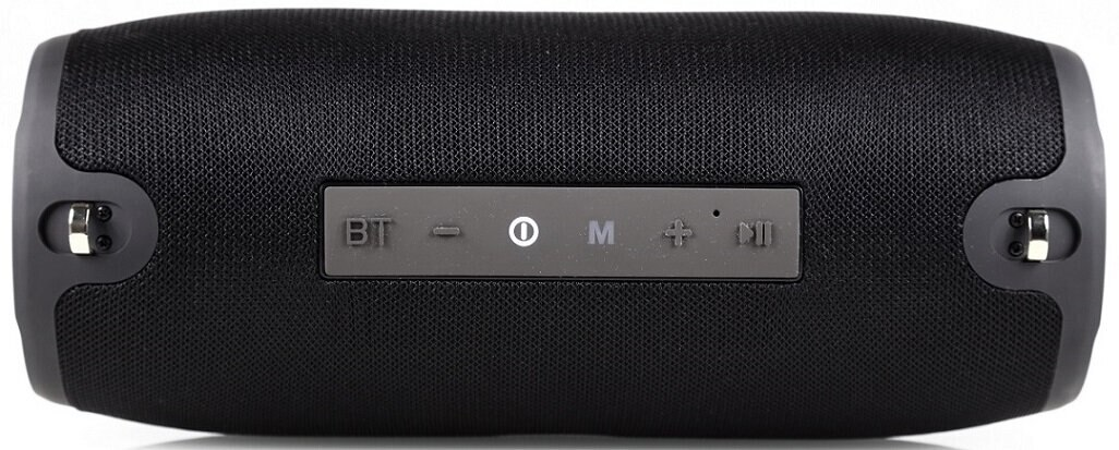 Czarny głośnik z przyciskami sterowania, widok z góry.