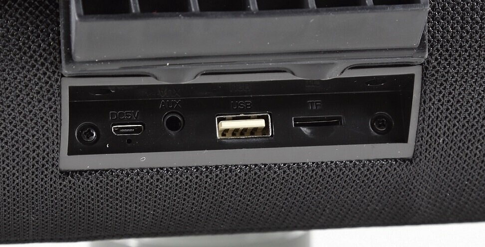 Porty w czarnym głośniku: DC5V, AUX, USB i TF, z etykietami tekstowymi, zbliżenie.