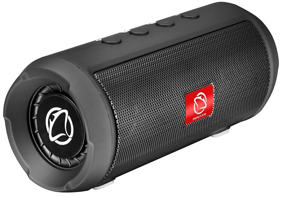 Czarny głośnik cylindryczny z czerwonym logo Manta. Ma siatkową przednią stronę i przyciski sterowania.