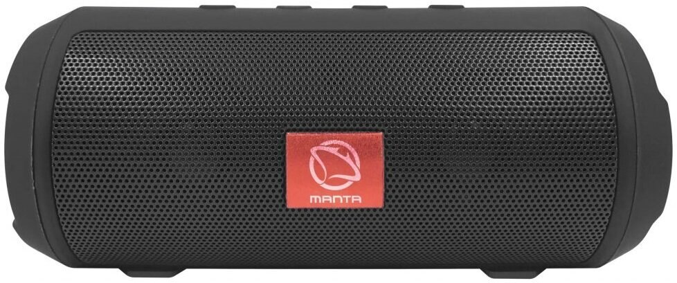 Czarny głośnik z czerwonym logo Manta z przodu. Ma siatkowy przód.