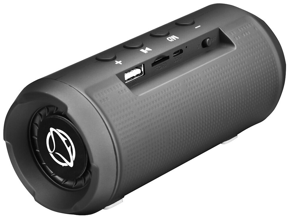 Czarny głośnik cylindryczny z przyciskami i portami, widok z boku.