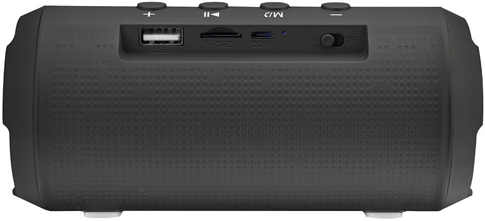 Czarny głośnik z USB, kartą TF i innymi portami. Powierzchnia ma wzór.