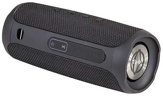 Czarny głośnik przenośny z przyciskami, na białym tle.