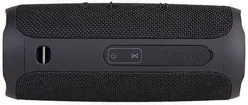 Czarny głośnik z bocznymi przyciskami, przyciskami zasilania/pauzy i logo.